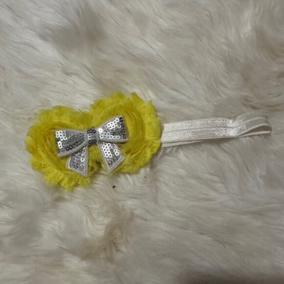 Double Yellow Shabby Flowers with Sequin Bow on FOE Headband - Picture 1 of 1